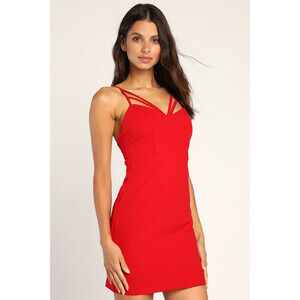 NWT Lulus Caught Your Attention Red Strappy V-neck Bodycon Mini Dress - MED